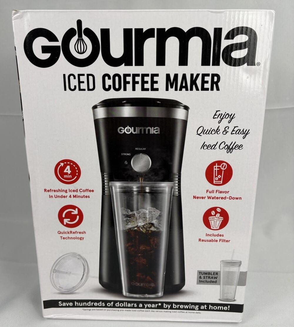 Gourmia Iced Coffee Maker with Brew-Strength Control Reusable Filter and Tumbler